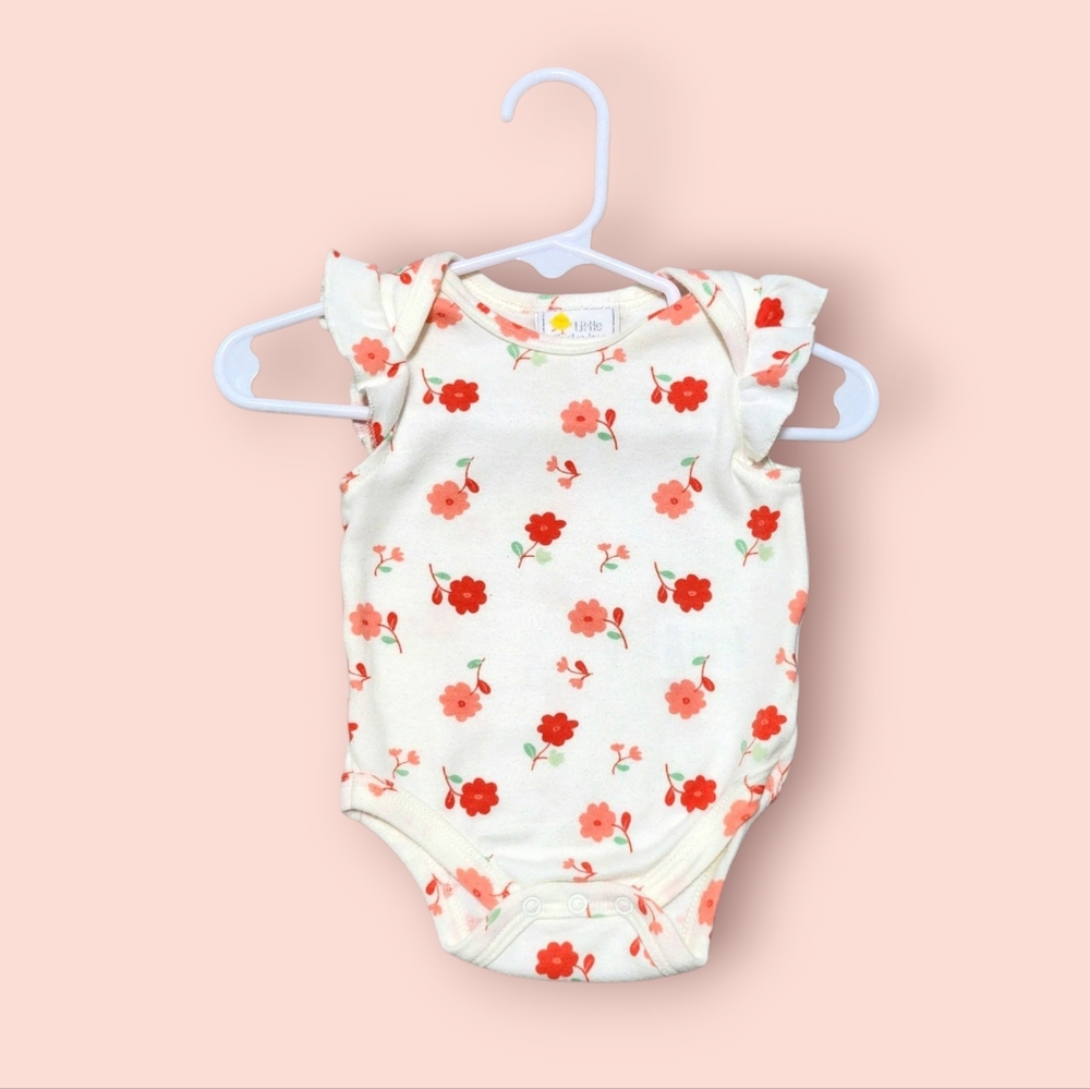 Red & Peach Floral Onesie with Ruffle Sleeves (0-3M) Infant Baby Girl